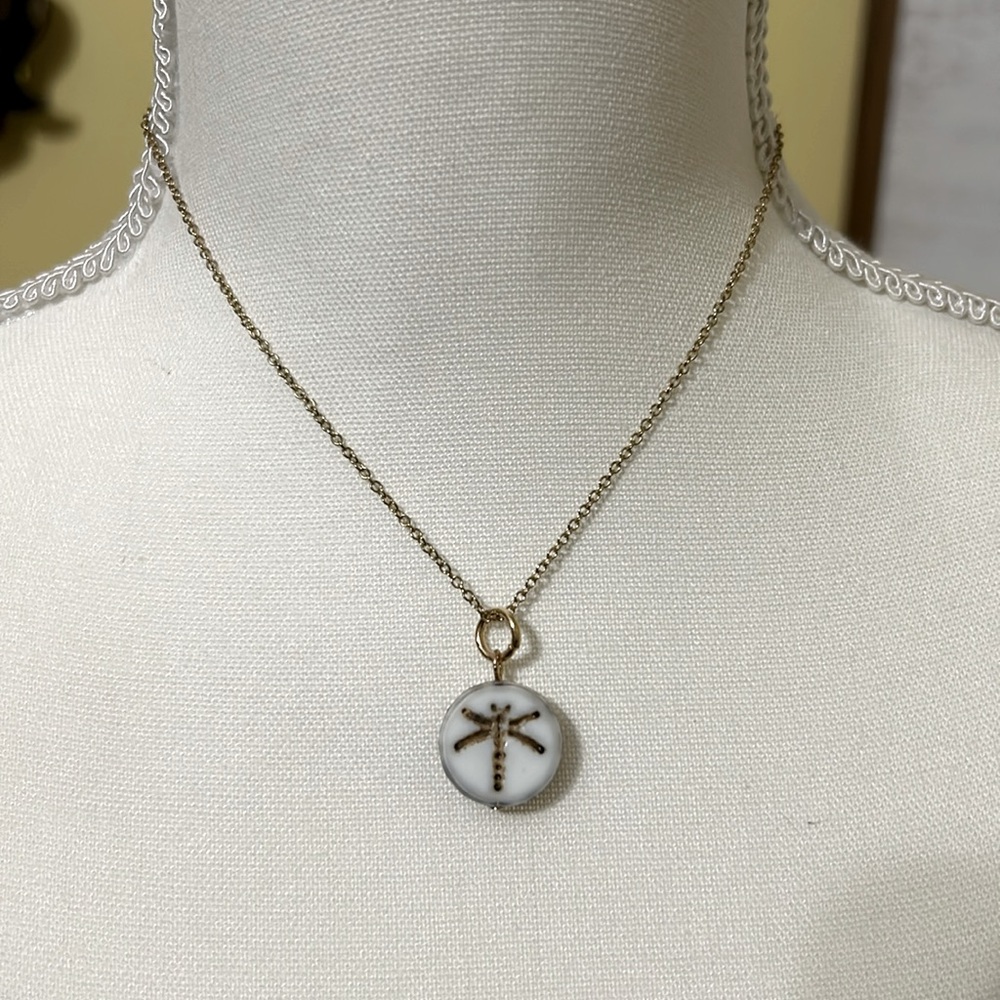 Gold plated 16” necklace with 3/4” dragonfly pendant.  Nickel free.